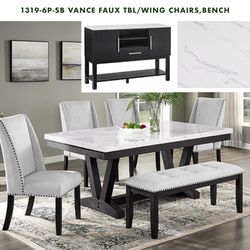 VANCE FAUX MARBLE DINING TABLE WITH CHAIRS AND BENCH