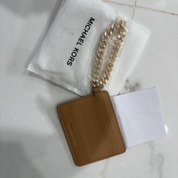 New Michael Kors Tan Card Holder with Gold Chain