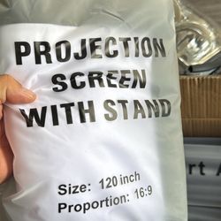120-inch projection screen that comes with a stand.