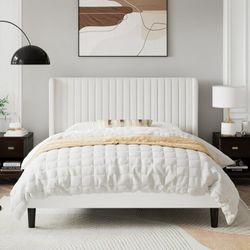 Clearance Full Size Velvet Platform Bed Frame with Vertical Channel Tufted Wingback Headboard, Off White