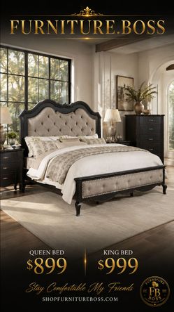 Black Bed, Beige Fabric, Button Tufted, Nailhead Trim | Elegant French Country Style Bed