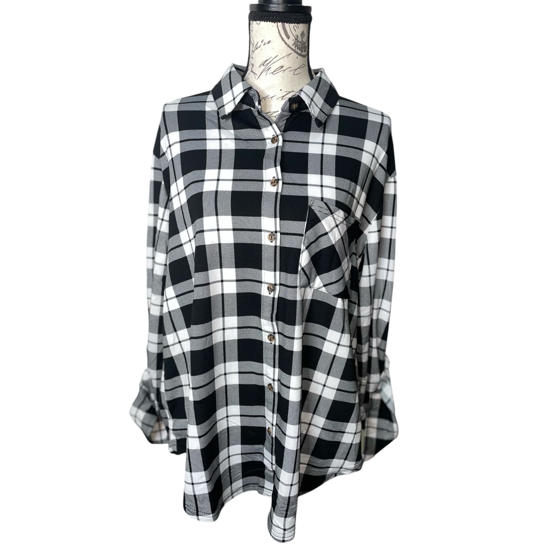 Black And White Checkerboard Plaid Collared Shirt