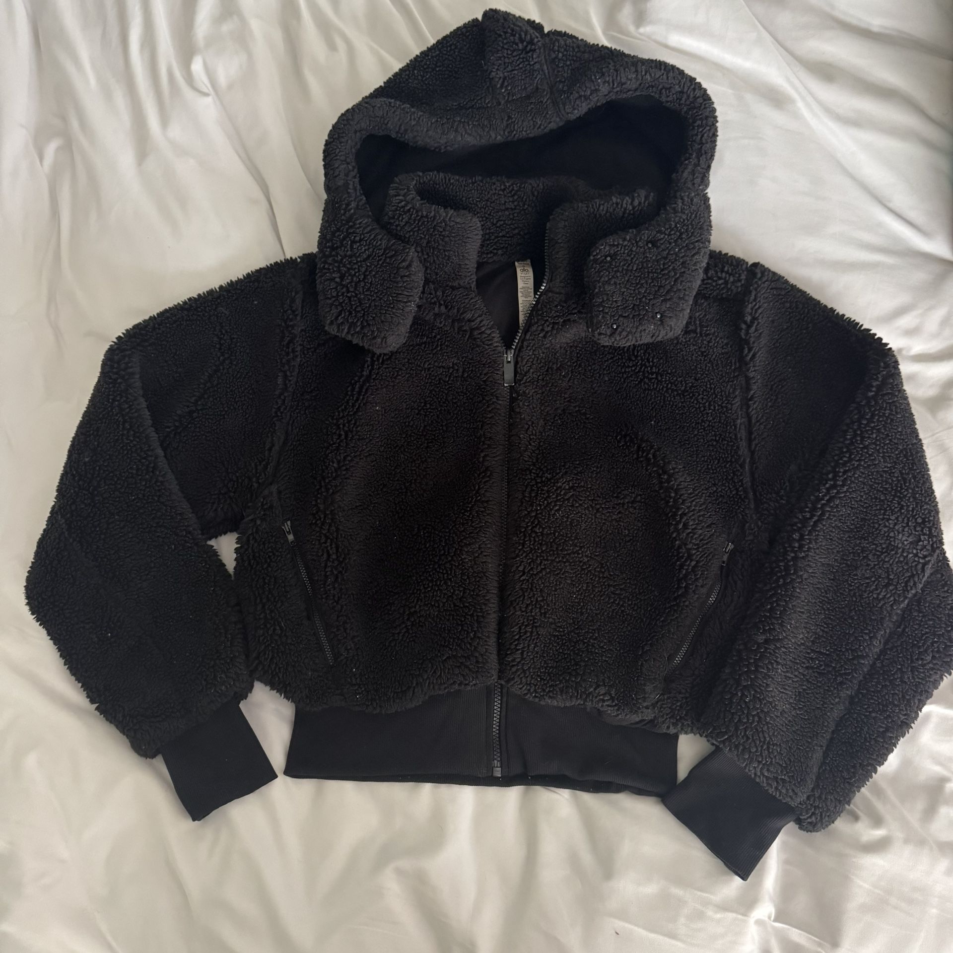 black alo sherpa jacket hoodie coat faux fur small 