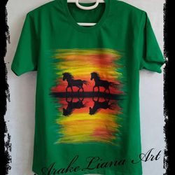 Handmade green T-shirt with horses