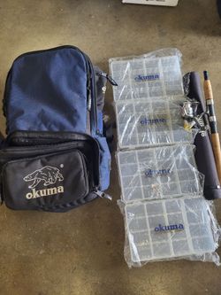 Okuma fishing backpack and rod. Never used, comes with traveling tackle boxes.  125$ for both.