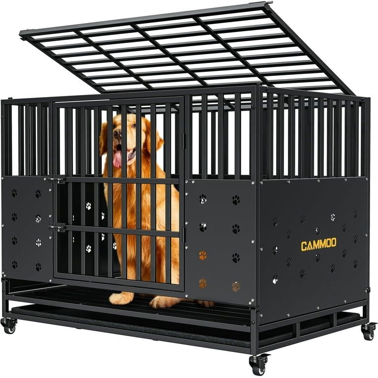 48" Foldable Heavy Duty Dog Crate Cage for Large Dogs, XL Dog Kennel for Indoor&Outdoor, 4 Lockable Wheels, Adjustable Internal Height