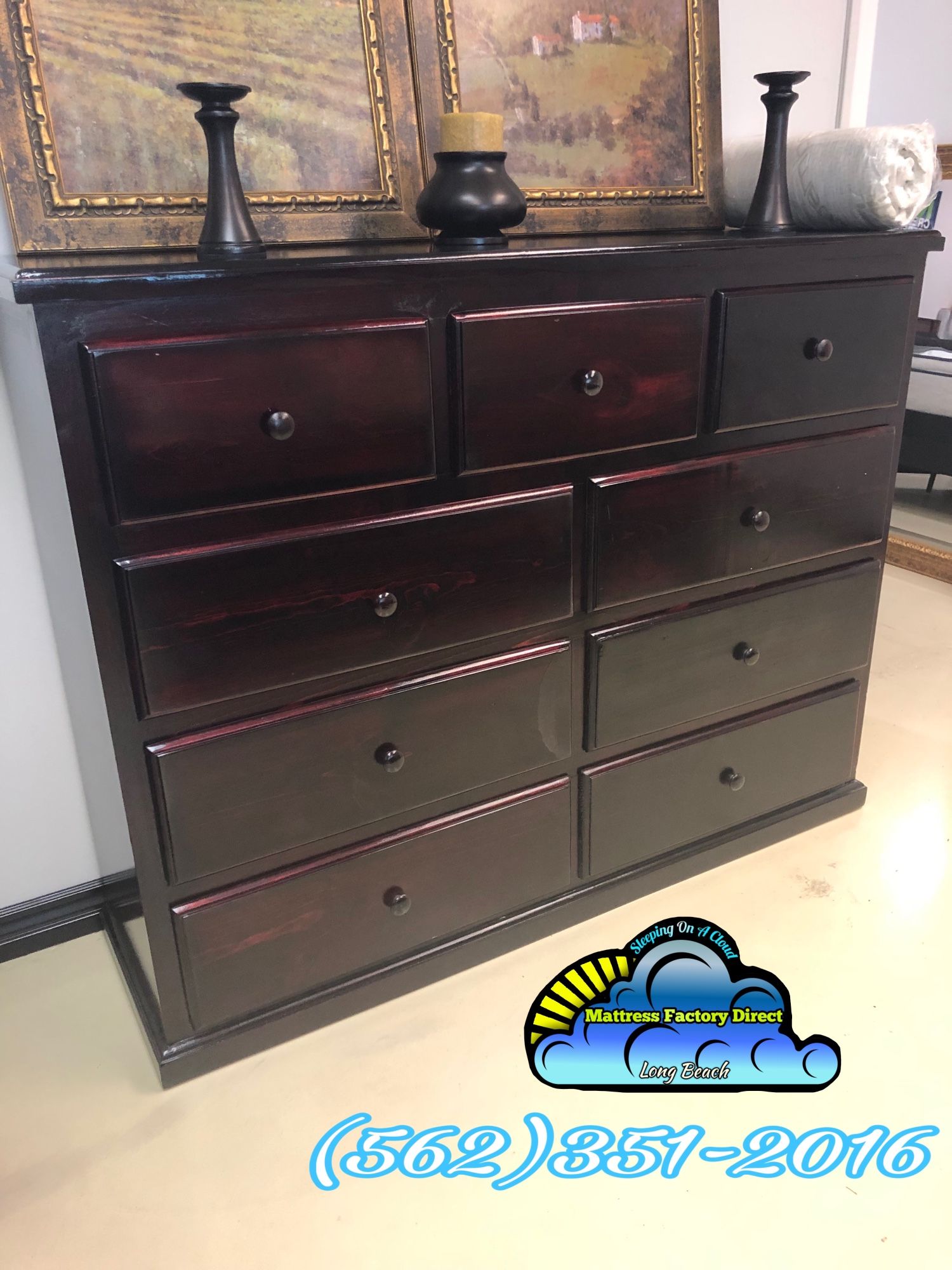 New Dark Cherry Pine Wood Nine Drawer Dresser