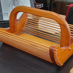 Vintage T. Schwab Wickford R.I. Rhode Island Solid Wood Hand Basket with Handle MCM Scandinavian Style Magazine Newspaper Fruit Sewing Yarn Basket