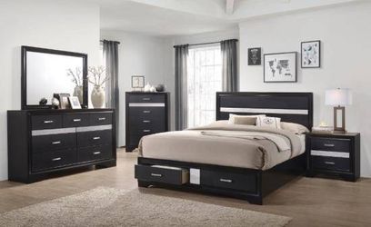 4PC EASTERN KING BEDROOM SET: EASTERN KING BED FRAME, DRESSER, MIRROR, NIGHTSTAND--MIRANDA BLACK