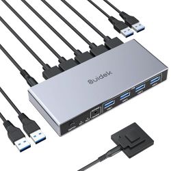 SUIDEK Displayport KVM Switch 1 Monitor 2 Computers, 8K@60Hz DP Switch 2 in 1 Out USB 3.0 KVM Switcher with 4 USB Ports, Include Desktop Controller, 2