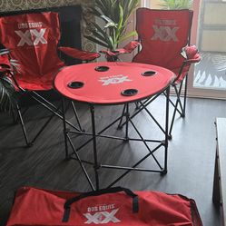 Dos Equis branded table and chairs with carrying case
