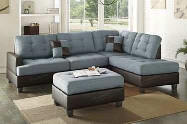 Brand new blue/chocolate/black reversible sectional + ottoman