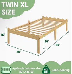 14 Inch Solid Wood Twin XL Size Platform Bed Frame, Heavy Duty Farmhouse Style Bamboo Twin XL Bed Frame No Box Spring Needed, Noise-Free, Easy Assembl