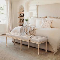 LUE BONA 60" Fabric End of Bed Bench, Upholstered Tufted French Bedroom Bench with Carved Legs for Bedroom End of King Size Bed, Living Room, Linen