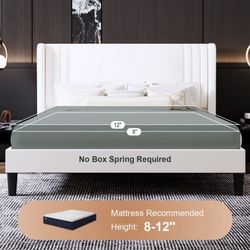 Queen Size Bed Frame, Velvet Platform Bed with Upholstered Wingback Headboard, No Box Spring Needed, White