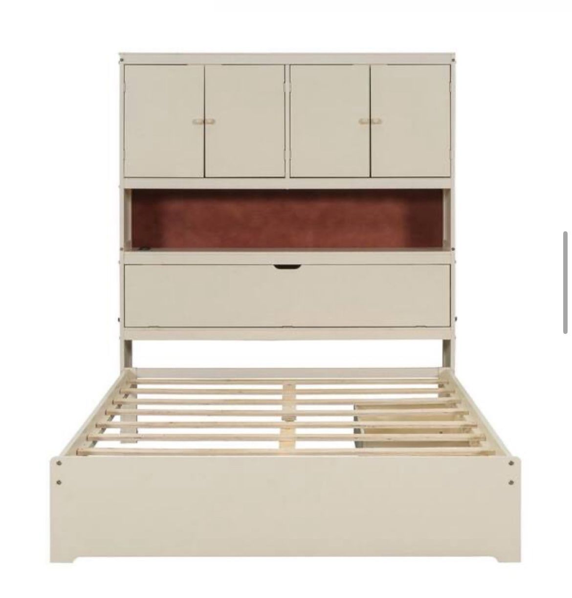 White Wood Frame Full Size Platform Bed with Storage Headboard, USB Charging, 2-Drawers