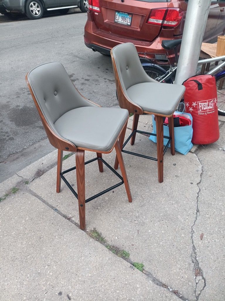 2 Stool Wood & Metal Faux Leather High Stools