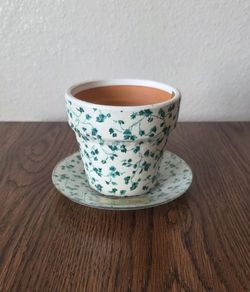 Adorable Terracotta Flower Pot & Saucer with a Green  Ivy Pattern