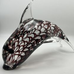 Vintage Franco Battaro Signed Murano Dolphin-Hand Blown-Fenicio Feathered Design-UV Reactive