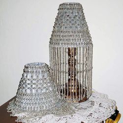X2 VINTAGE SEED BEAD PEARL SILVER BEADED FRINGE LAMP SHADE ACCENT DECOR