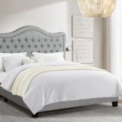 Dark Gray Wood Frame King Modern Upholstered Platform Bed with Curved Tufted Headboard