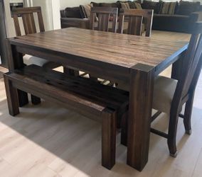 Dark Wood Dining Table Set with Bench and Chairs