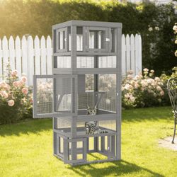 Catio Outdoor Cat Enclosure, 3 Tiers Cat Enclosure w/ Platform, Resting Box & 8 Removable Door can Connect w/ Cats Tunnel