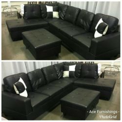Brand New Black Leather Sectional With Storage Ottoman 