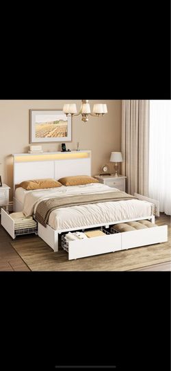 New! Full Size White LED Bed Frame w/ Storage Drawers & Charging Station