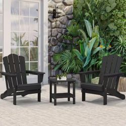 2 pcs All-Weather Patio Folding Adirondack Chair and Table Stackable Black HDPE Frame Stationary Adirondack