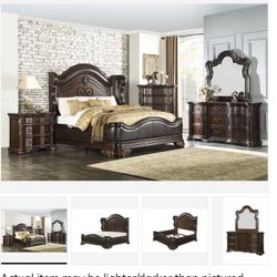 Royal Highlands Rich Cherry Upholstered Panel Bedroom Set (Queen, king, twin, full bedroom set - bed frame- tall dresser, nightstand and chest, mattr 