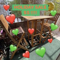 Solid Wood Bistro Set – 3 Piece High-Top Table & Folding Stools