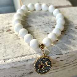 Beaded Stretch Bracelet White Agate with Celestial Charm
