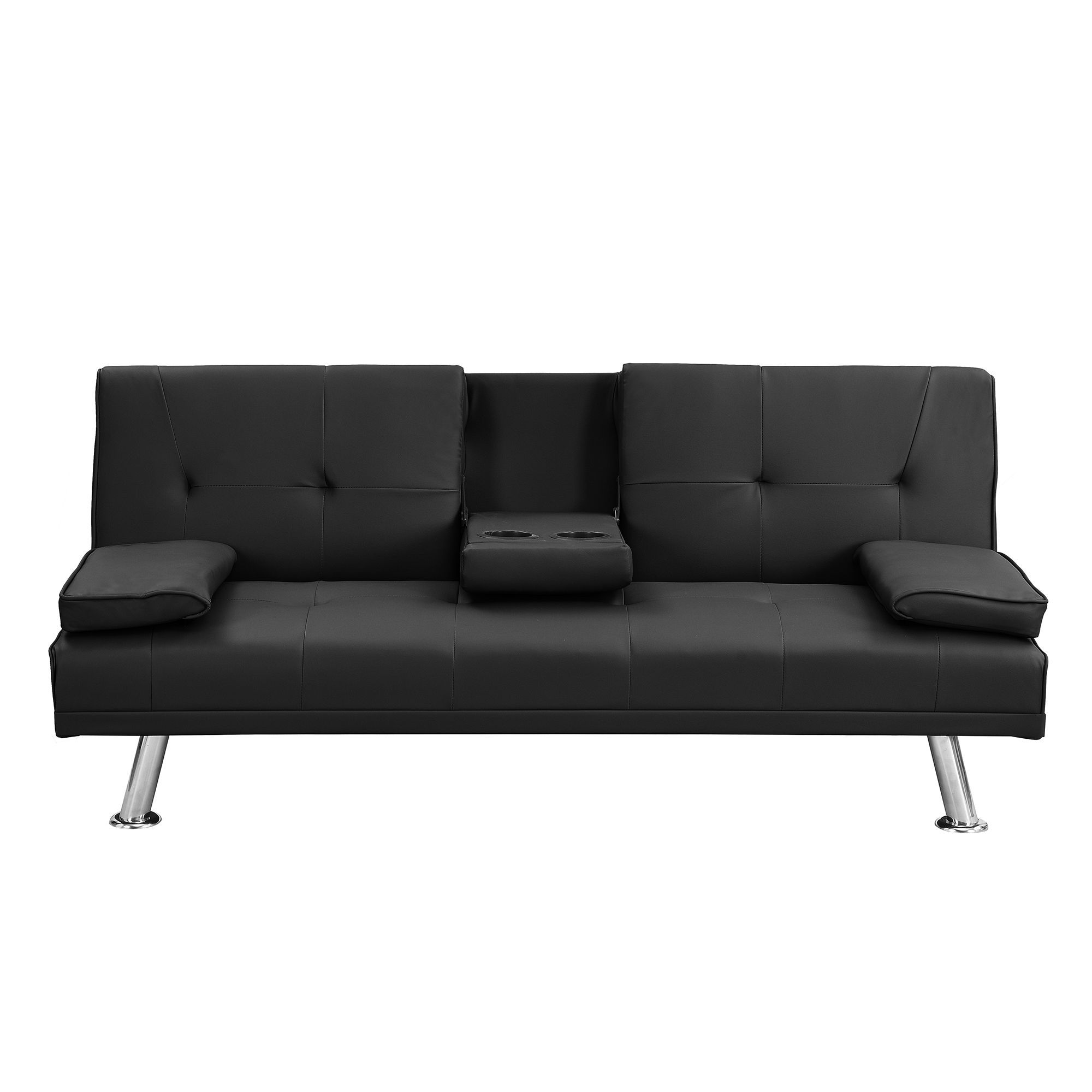 Black PVC Sofa Bed with Holders: Wood Frame, Armrests, and Sturdy Stainless Legs for Lasting Comfort