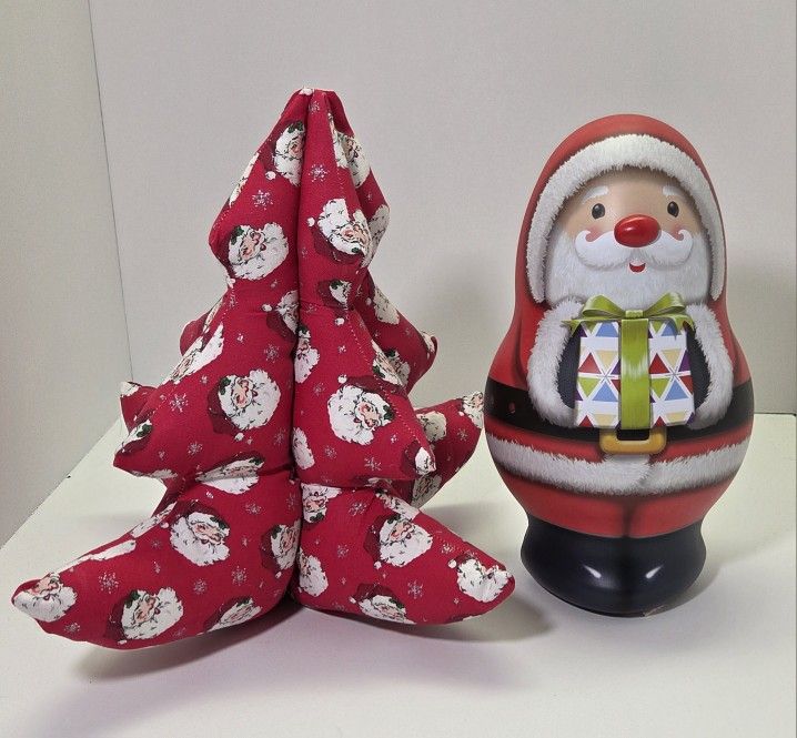 Handmade Fabric Tree, And Tin Santa