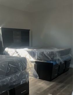 Queen bed frame with shelves and storage