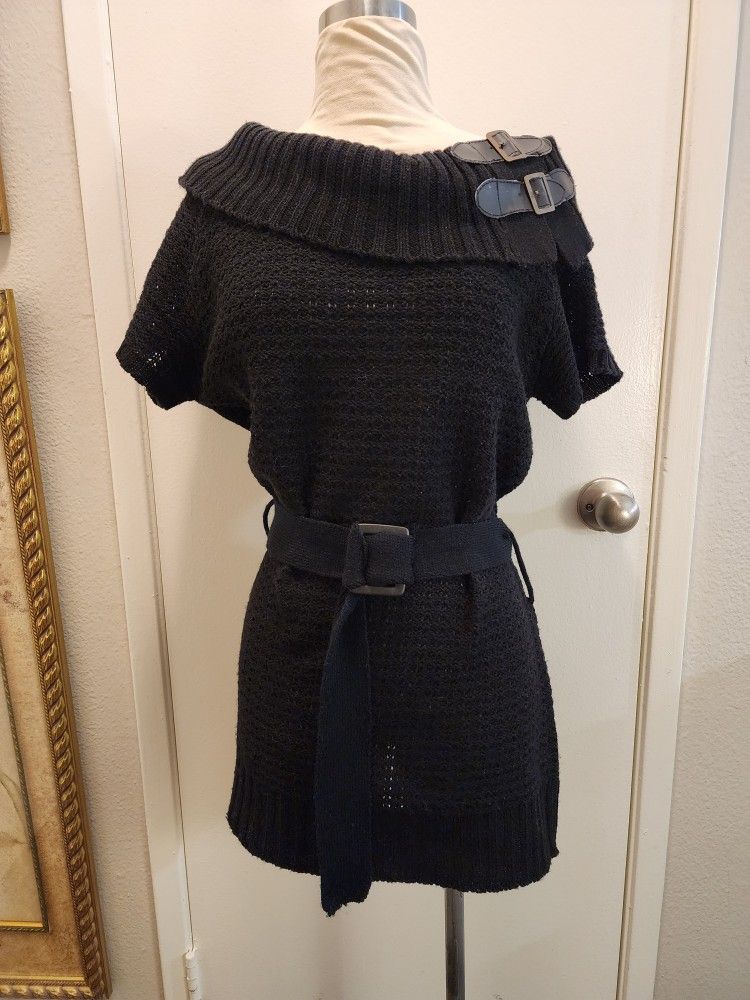 Jennifer Lauren Black Short Sleeve Knit Boat Neck Belted Tunic Sweater Size M
