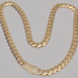 14k Yellow Gold Hollow Cuban Link Chain Necklace 10.6mm 37.3g 24" Iced Box Clasp
