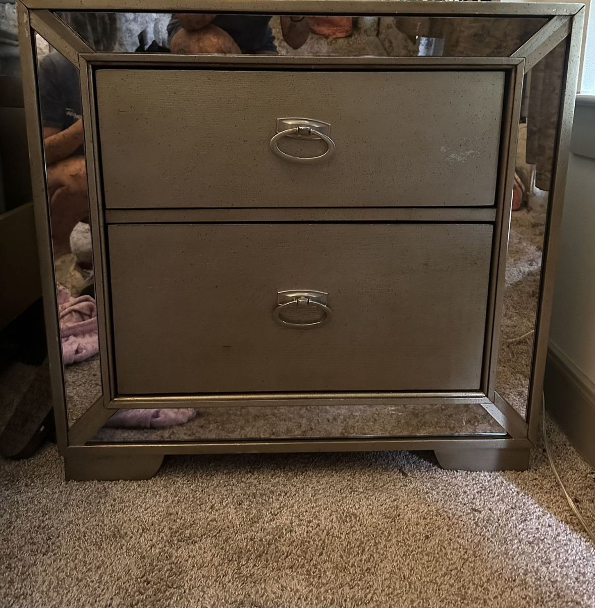 HAZEMORE Champagne 30" Wide Night Stand & Loraine Silver Dresser & Contemporary Style Queen Head Board