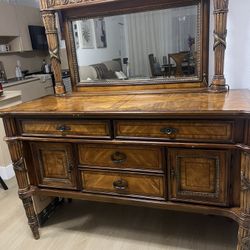 Dining room table with chairs and Mirrored Credenza
