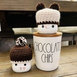 Marshmallow Hats S'mores Chocolate Chip Vanilla Ice Cream Set 2 Brown Beige, Mug Toppers, Covers, Beanies, Farmhouse Decor Rae Dunn