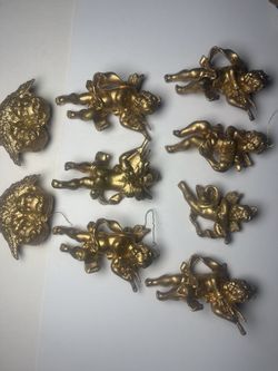 Vintage Gold Cherub Christmas Ornaments – Set of 9 (Mid-Century Baroque Style).