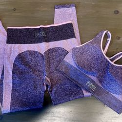 Victoria’s Secret Pink Heather Grey Workout Women’s Seamless Set. Medium Bra Top And Leggings Pink Heather Grey