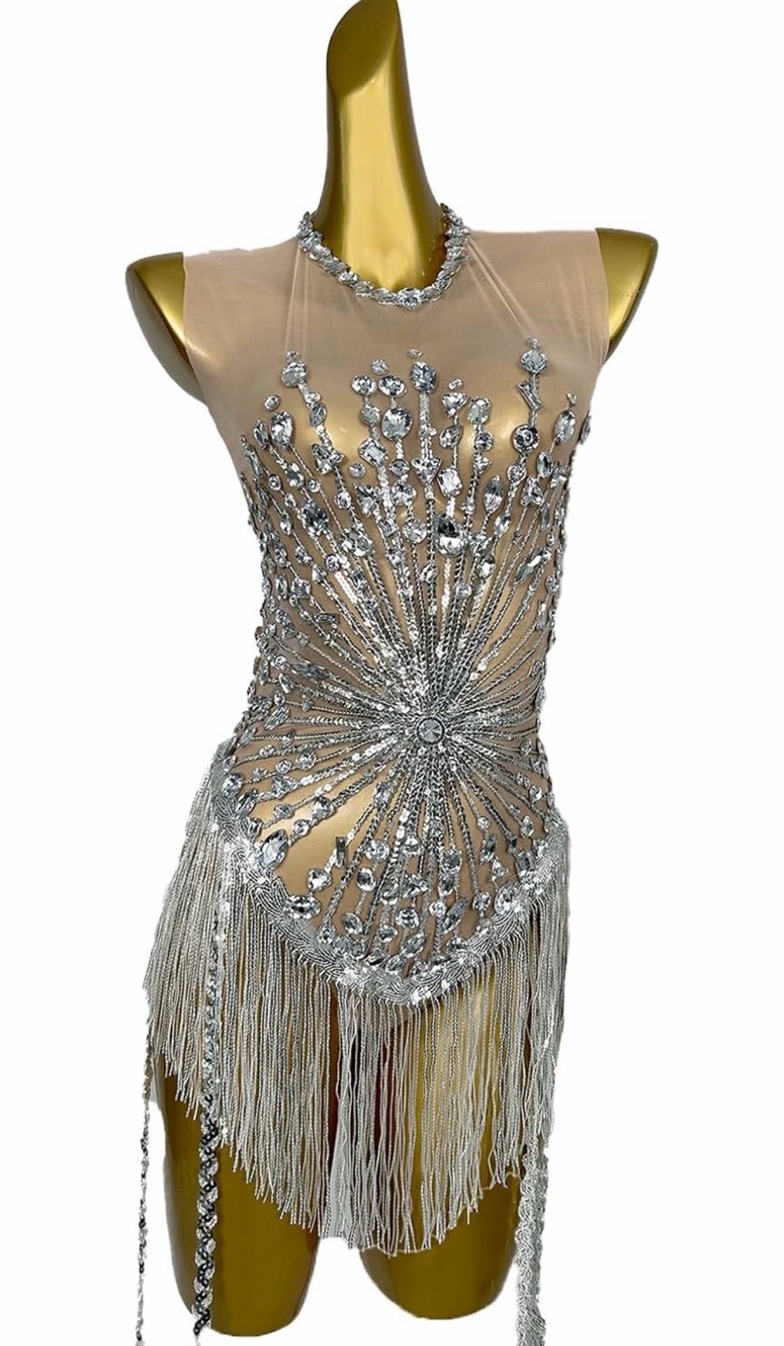 Silver tassel rhinestone fringe tassel bodysuit costume