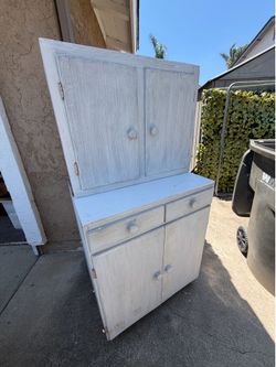 Two-Piece Distressed White Painted Wooden Hutch Cabinet with Drawers – As Is