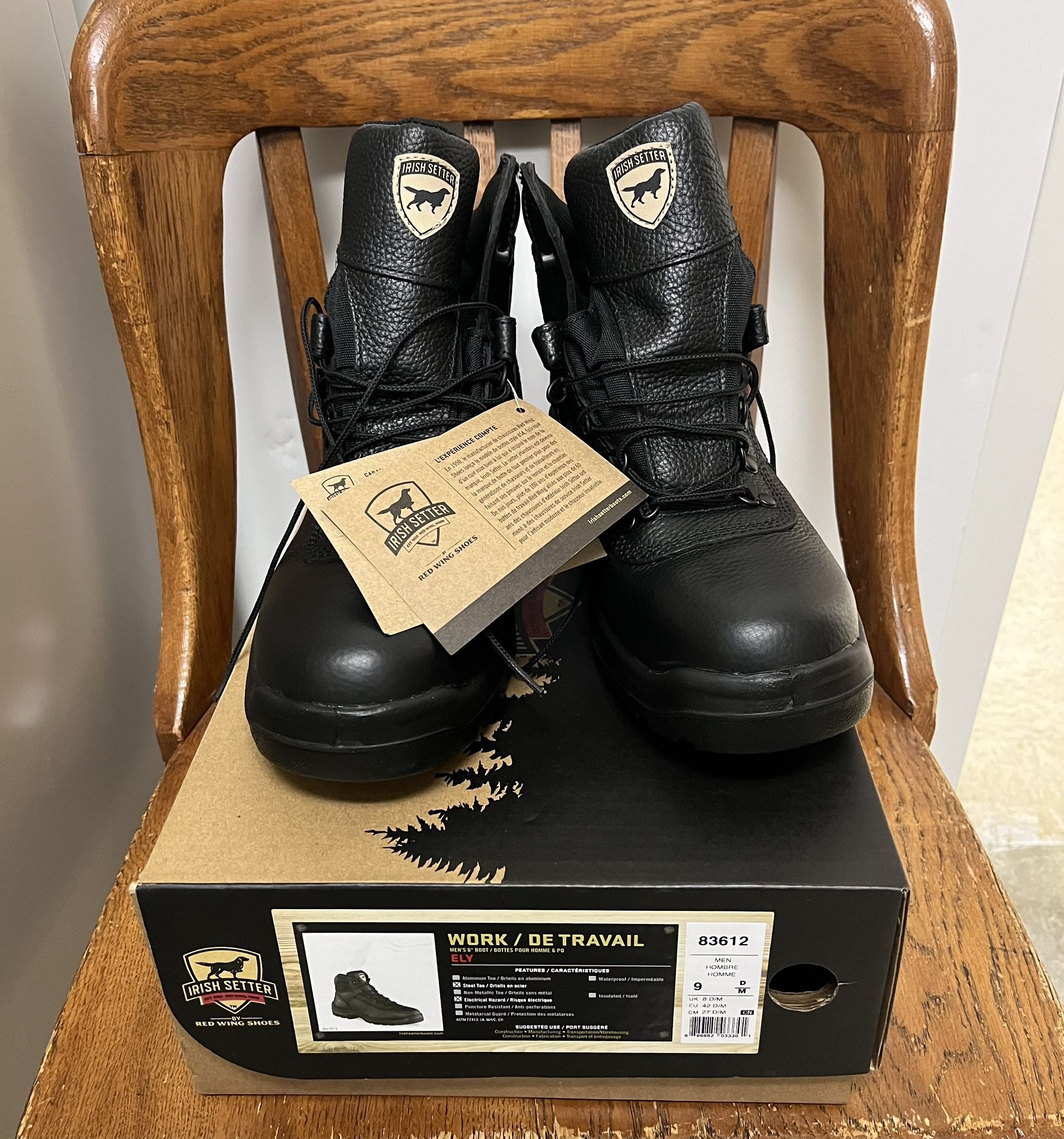 Mens Shoes Size 9M - “Brand New” Steel Toe Black Work Boots, Electrical Hazard & Oil Slip Resistant. Irish Settlers by Red Wing Shoes.