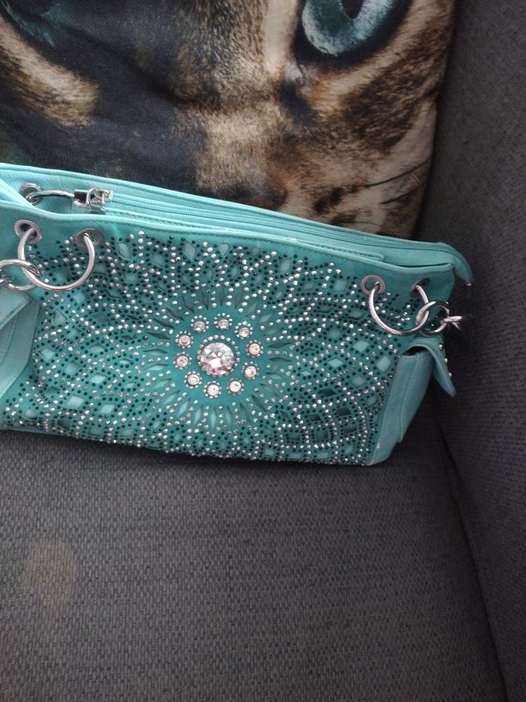 Brand New Handbag Express Turquoise Bling Design Layered Sparkling Rhinestones Created A Sunburst