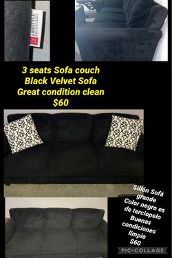 Black velvet couch sofa in great condition clean for $60