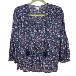 Caslon Women's Blue Floral Split-Neck Peasant Blouse 3/4-Sleeve Size S