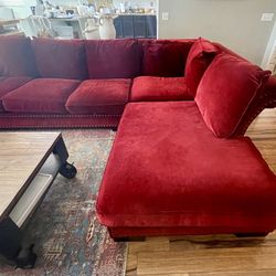Large Red Velvet Cozy Couch With Lounger